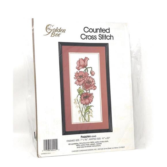 Golden Bee POPPIES Counted Cross Stitch Kit #60445 - 7" x 16" - Matted 11" x 20" - Picture 1 of 4